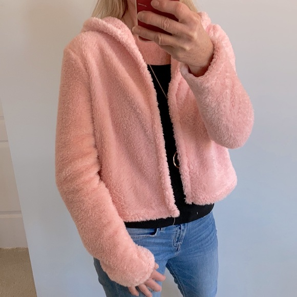 Soft, Fuzzy Pink Open Hooded Jacket - Picture 3 of 9